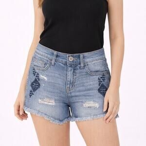 Mudd High Rise Embroidered Fray Hem Denim Shorts Med Wash Girl Size 5
